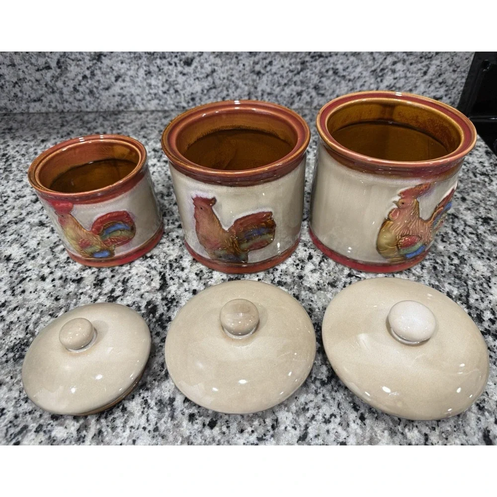 Vintage Rooster Chicken Canister Set of 3 Glazed Pottery Farmhouse Grandma Core